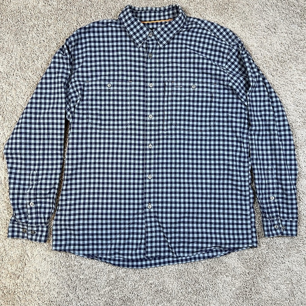 Orvis Trout Bum Long Sleeve Organic Cotton Blend Button Down Shirt XL Blue Check